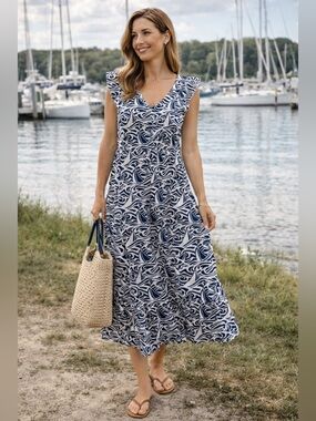 Vineyard Vines for Target Cotton Ruffle Dress Navy White Small Sailboats EUC